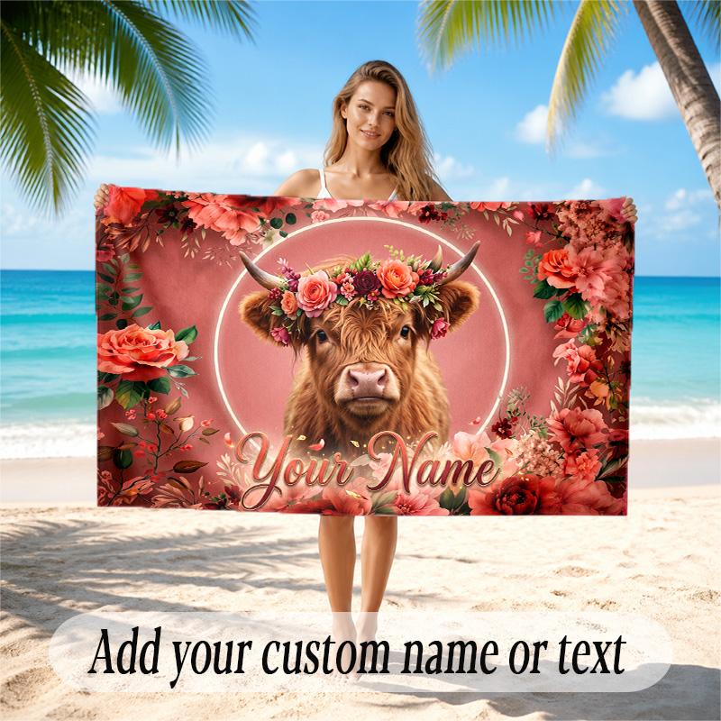 Highland Cow Theme Quick Dry Beach Towel Custom Name Text Print Large Sand Resistant Towel Beach Vacation