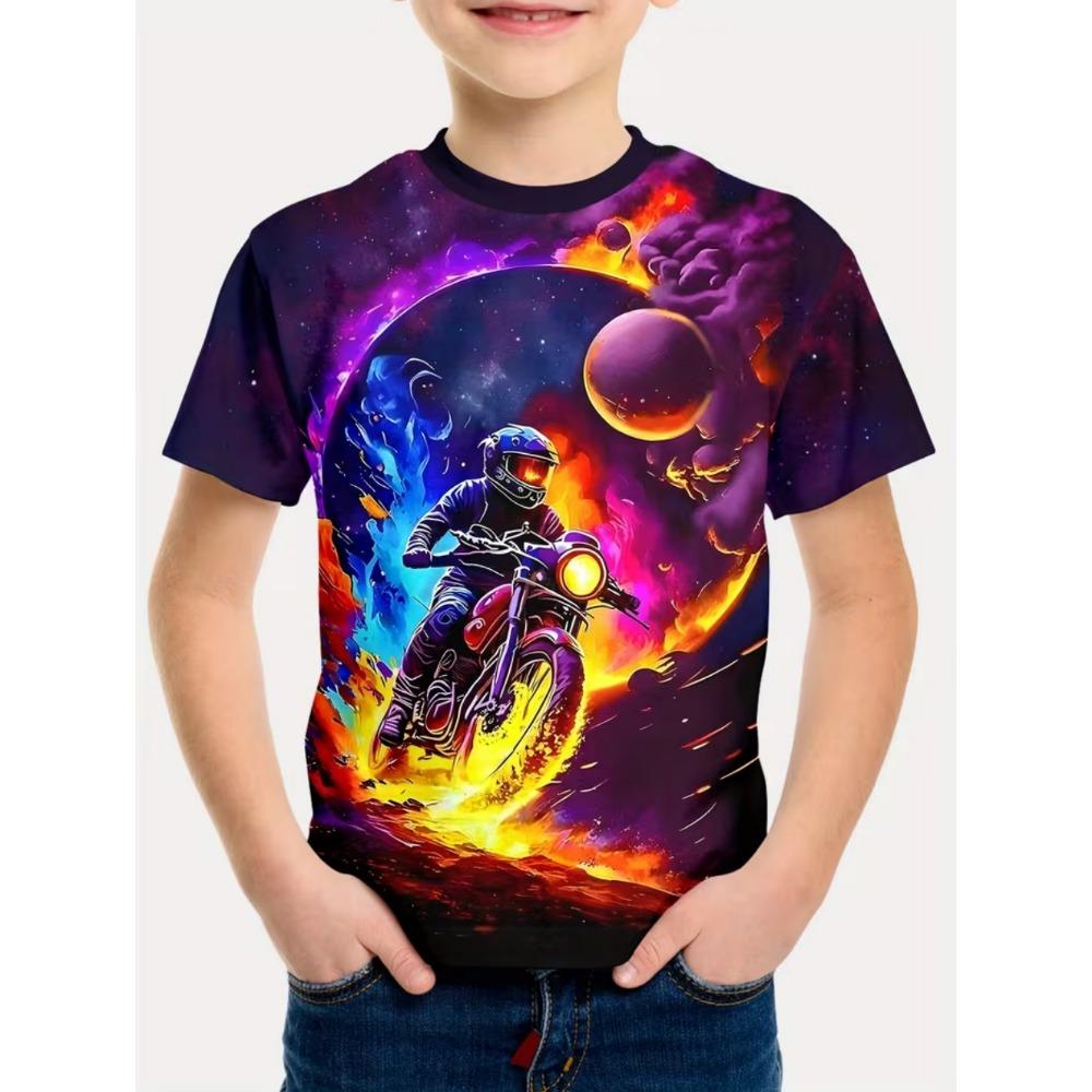 Funny Motorcycle Rider Print Kids Short Sleeves T-Shirt Loose Casual Summer Outdoor Street Boy and Girl Tees Tops