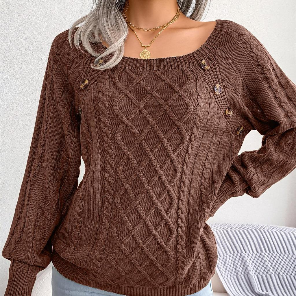 Женский осенне-зимний повседневный вязаный пуловер с квадратным вырезом и пуговицами из жареного теста