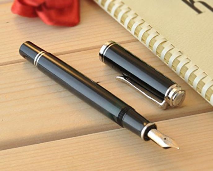 Pelikan M405 Fountain 14K Gold Nib Souverän Pen, Black/Silver, Rhodium-Decorated (M Size), PL-M405BK