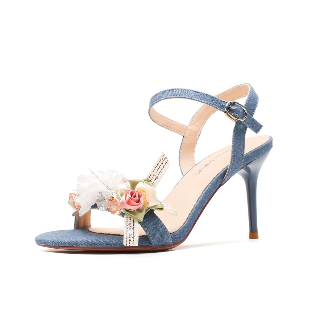 Босоножки женские с открытым носком, аппликация на пуговицах с одним словом, на шпильке, из денима, высокие каблуки, универсальный темперамент и передовые чувства
