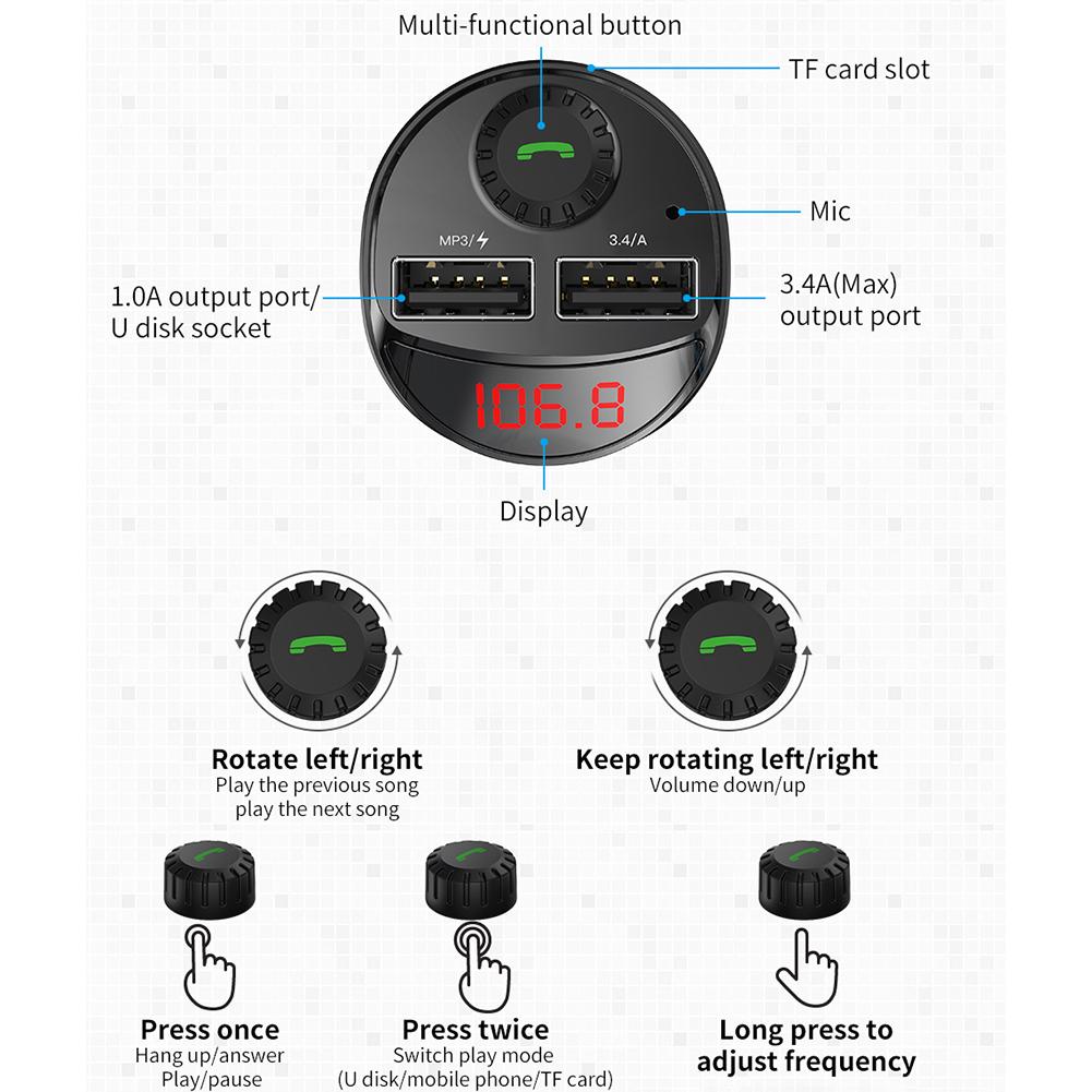 Car Audio MP3 Player Bluetooth-Compatible 4.2 3.4A Car Wireless FM Transmitter Audio MP3 Player LCD Digital Display Quick Charge