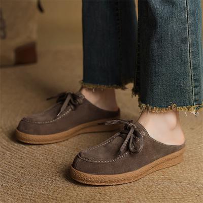 Модные новые летние шлепанцы из коровьей замши с закрытым носком для женщин, модные мюли на шнуровке с круглым носком, женская обувь, обувь на плоской подошве, шлепанцы