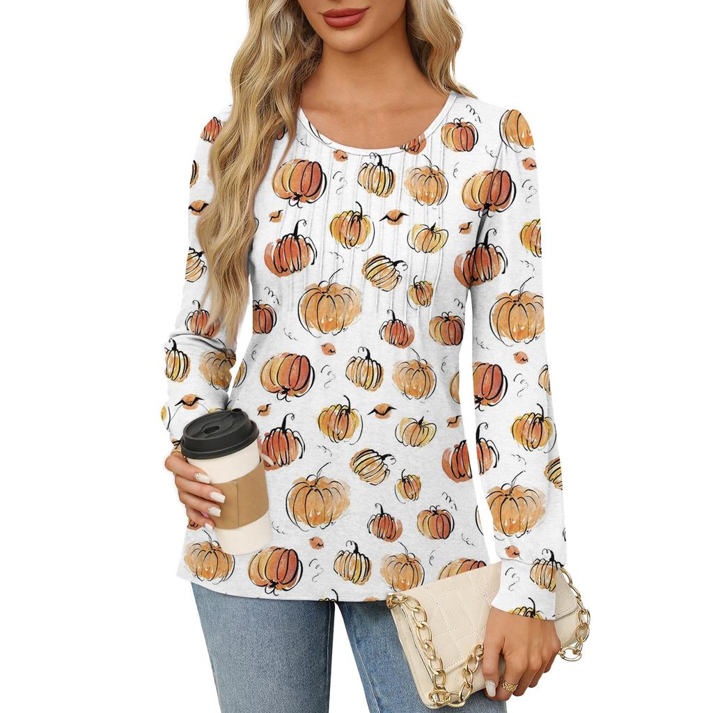 Long Sleeve Shirts For Women Cute Print Graphic Tees Blouses Dressy Casual Blouses Pleated Scooped Neck Tunic Tops Halloween
