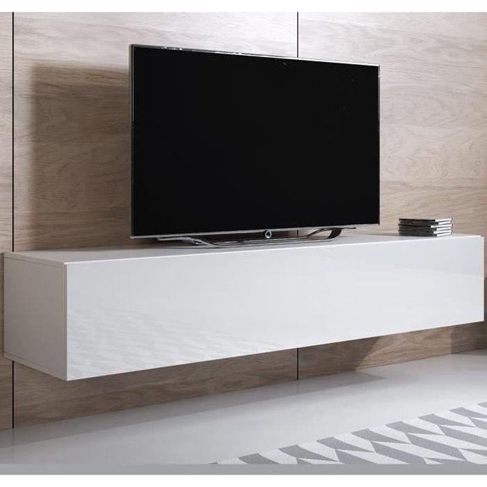 Meuble TV - LUKE H2 - 1 porte - Blanc Finition brillante - 160 x 30 x 40cm - 3 Compartiments
