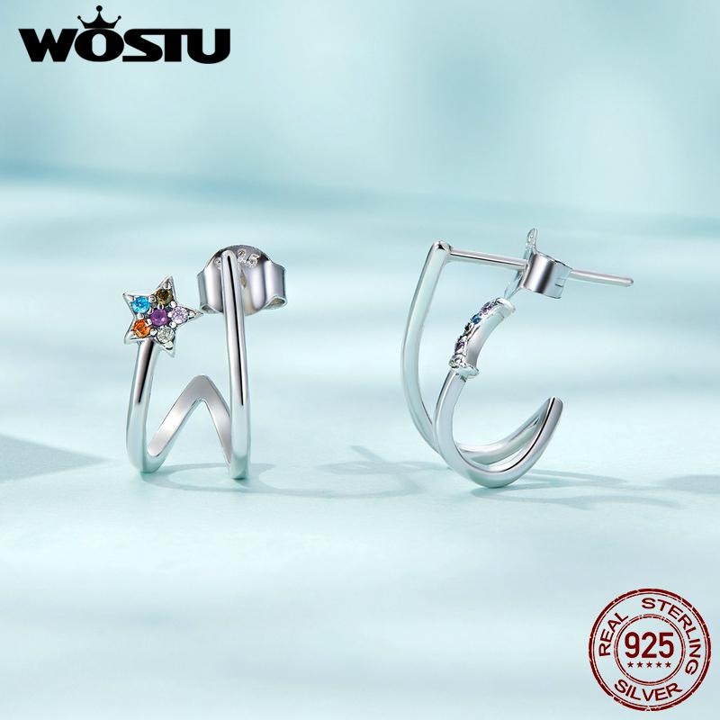 WOSTU 925 Sterling Silver Star & Moon Stud Earrings For Women Simple Style Zircon Ear Hooks Fine Jewelry Gifts
