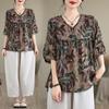2025 Summer Plus Size Tops Cotton V-Neck T-Shirt Women Printing Vintage Short Sleeve Loose Tees