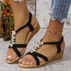 Pearl Decor Women's Wedge Sandals Summer 2025 Comfort Non Slip Beach Shoes Woman Plus Size Casual Elastic Strap Sandalias Mujer