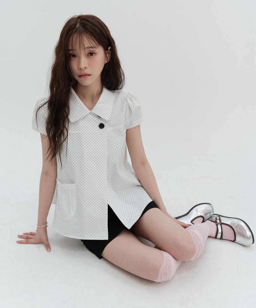 HIGH SCHOOL DISCO Dot Button Puff Sleeve Blouse_White