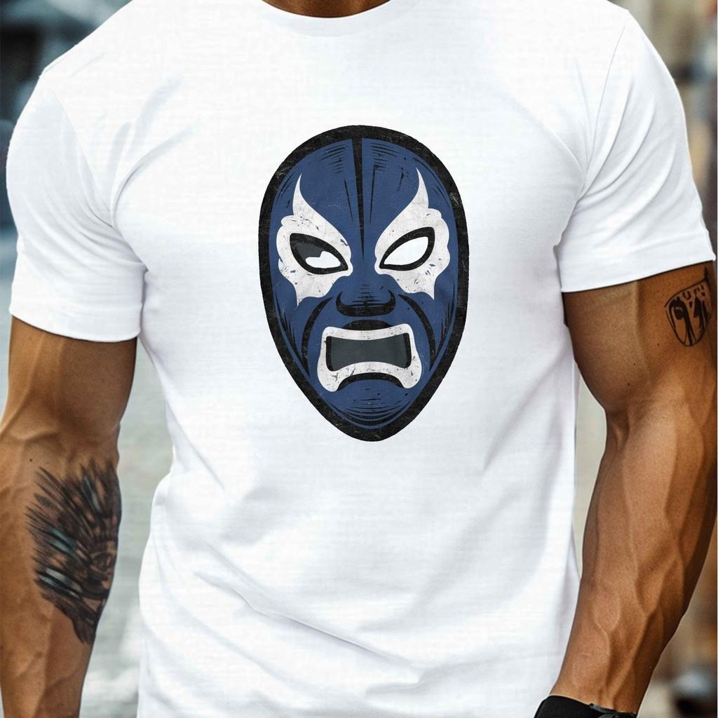 Luchador Mask Blue Print Mens Cotton Graphic Tee Crew Neck Short Sleeve Casual TShirt