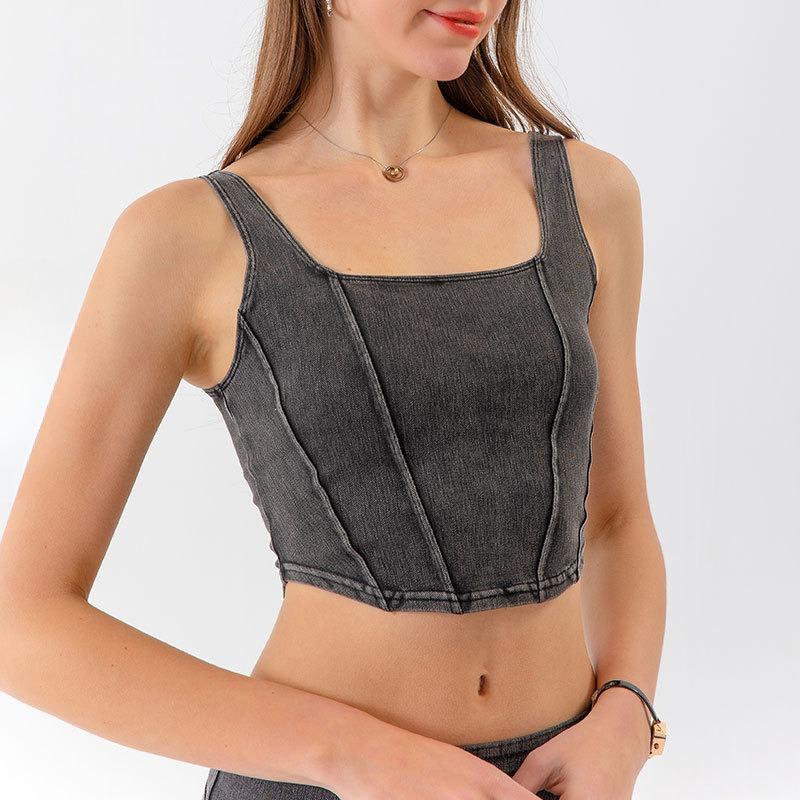 Весна и лето женская новая джинсовая спортивная эластичная верхняя одежда для йоги быстросохнущий жилет для фитнеса