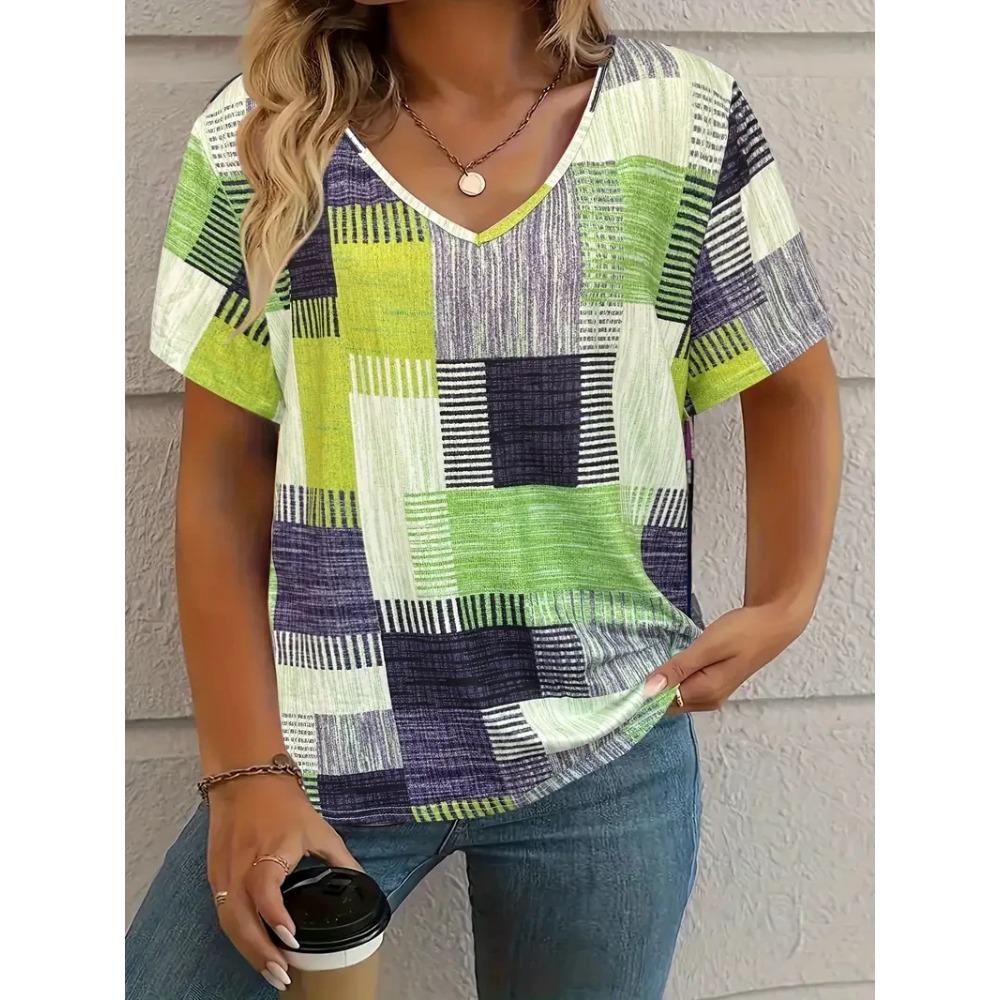 Summer Plaid Women's V-neck T-shirt Outdoor Casual Short-sleeved Top