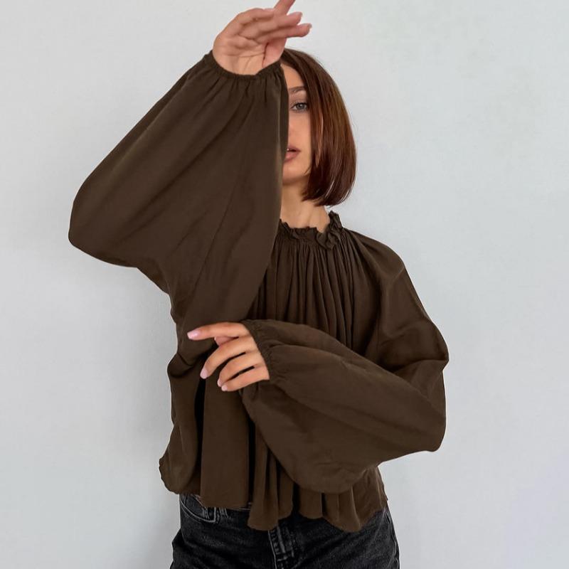 Women S Loose Fit Round Neck Lantern Sleeve Solid Color Shirt