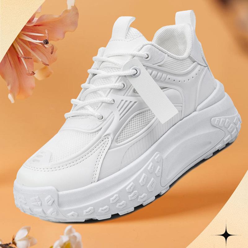 Новые женские туфли на толстой подошве, модные трендовые туфли для пап, повседневная обувь с дышащей сетчатой поверхностью, новые маленькие белые туфли с подошвой Muffin Sole, увеличивающие рост