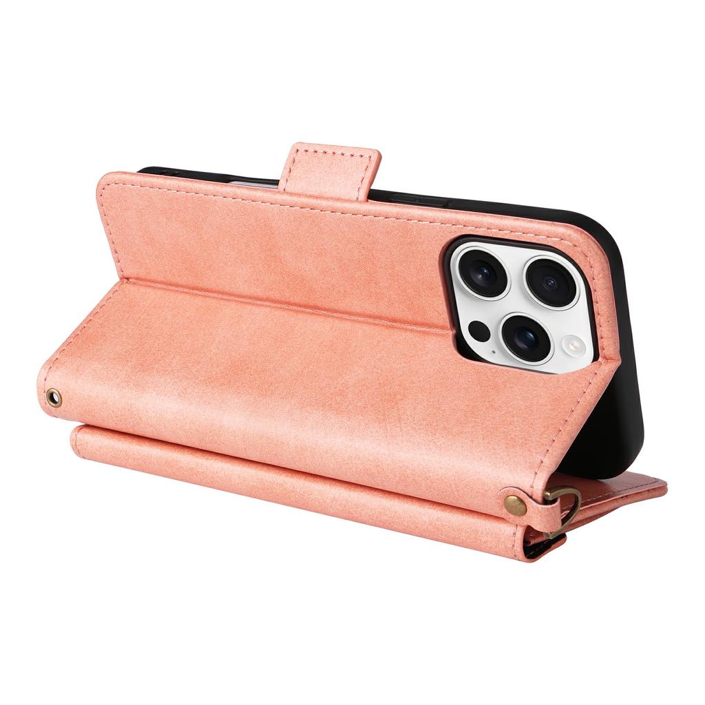 For iPhone 16 Pro Leather Case Magnetic Closure Wallet Stand Phone Cover with Crossbody Strap