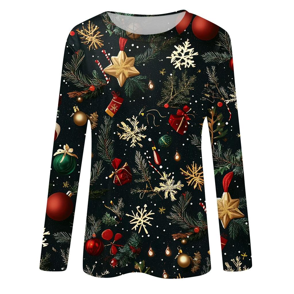 Женская мода повседневный рождественский принт круглый вырез длинный рукав пуловер топ