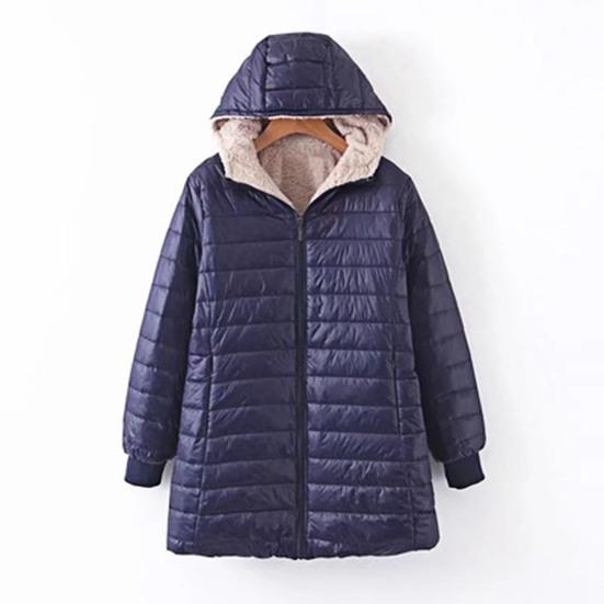 Winter Down Coat Thickened Padded Plush Hood Mid Length Full Zipper Windproof Long Sleeves Pockets Warm Daily Wear Outwear Cotton Jacket