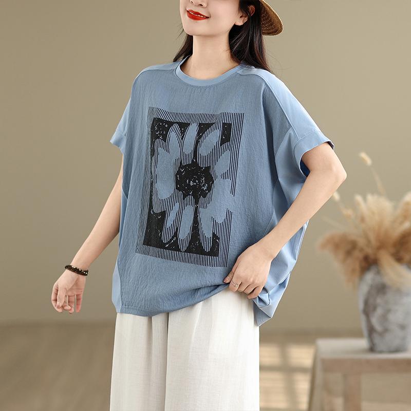 DIMANAF 2025 Летние Топы Большого Размера Хлопковая Футболка с Круглым Вырезом Женщины Рукав Летучая Мышь Принт Свободные Футболки