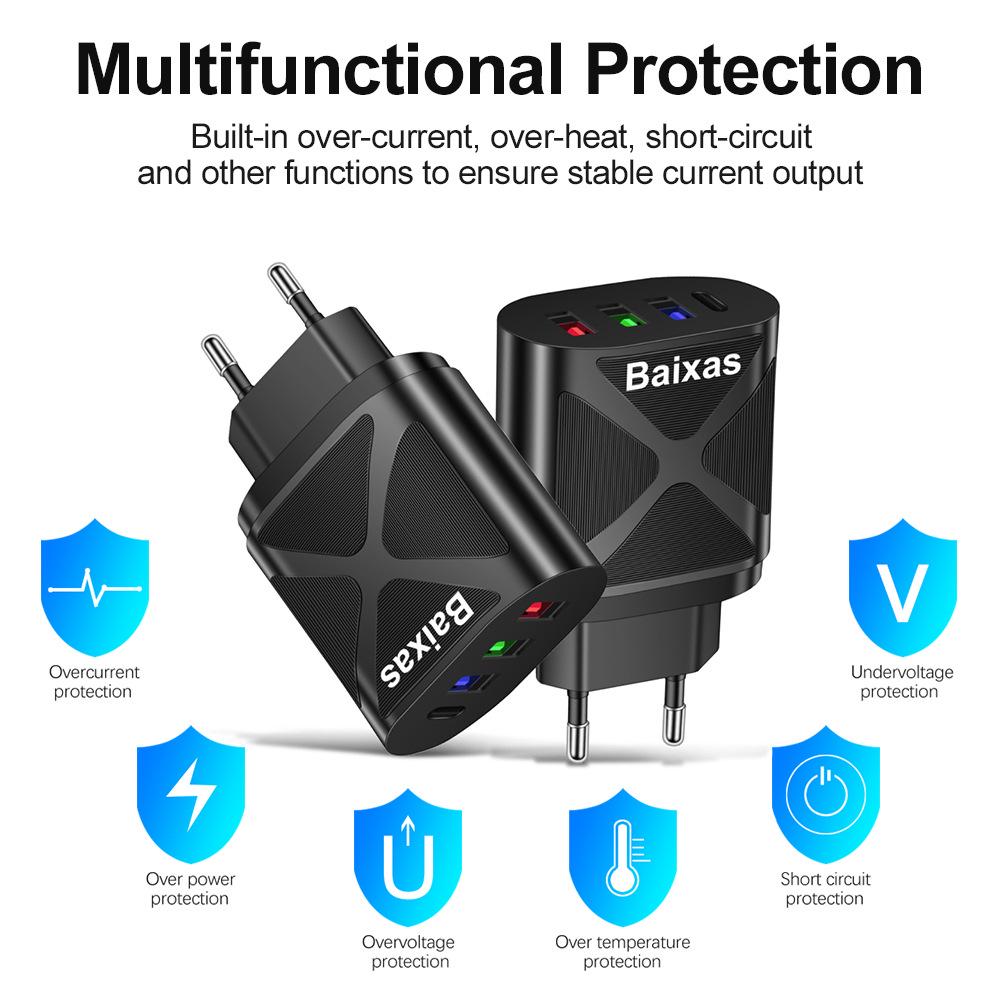 Универсальное зарядное устройство для путешествий: ЕС 3 USB + Type-C, Стандарт США/Великобритании, 5 В 2,4 А