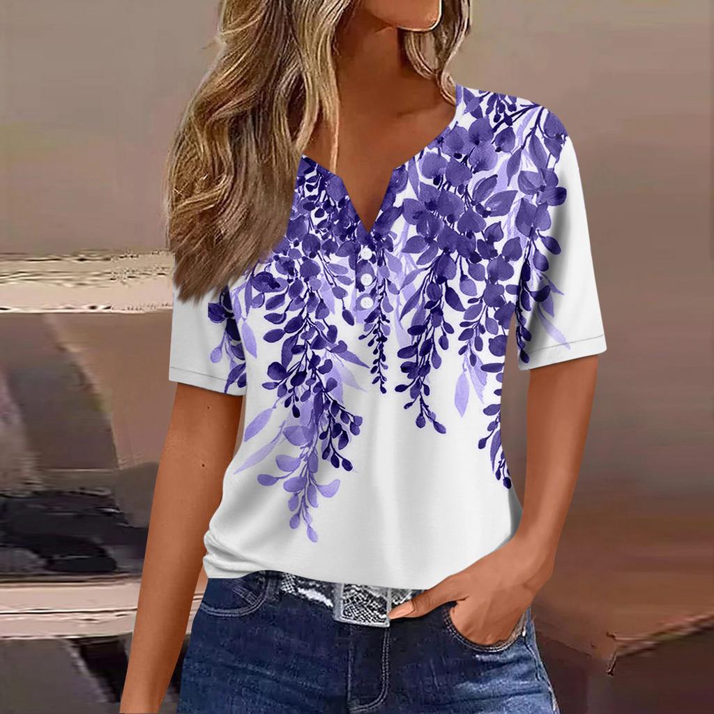 Женская модная повседневная винтажная футболка с v-образным вырезом и коротким рукавом с декоративными пуговицами, топ