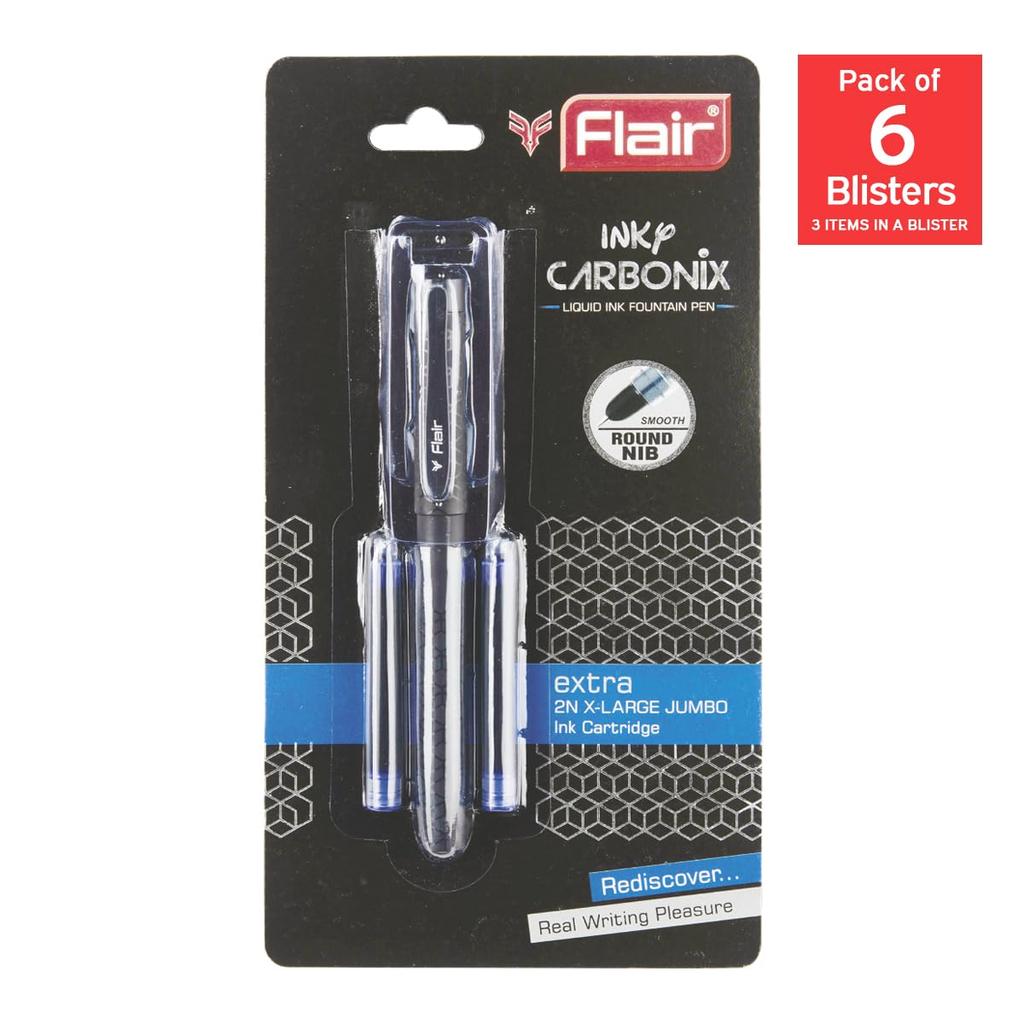 Flair Inky Series Carbonix Fountain Pen Set Blue Ink Pack Of 1X 6PC With Jumbo Cartridges For School Office Writing