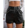 Fashion Women's Diagonal Pockets Casual PU Imitation Leather Shorts High Waist Stretch Shorts