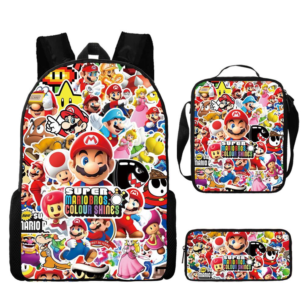 New Super Mario Trend Backpack Retro Mario Schoolbag 3-Piece Set with Pencil Case
