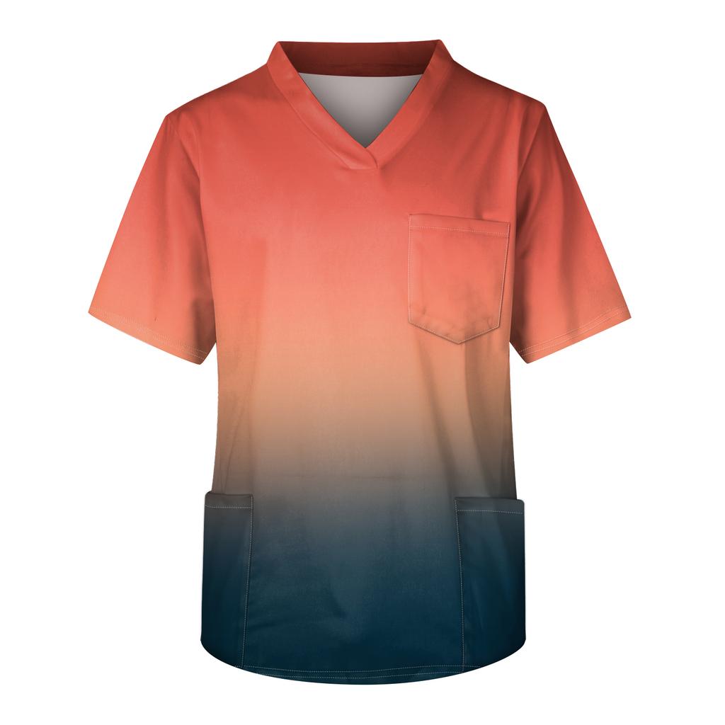 Men's Printing Short Sleeve V-neck Working Blouse Chest Pocket Carer Top