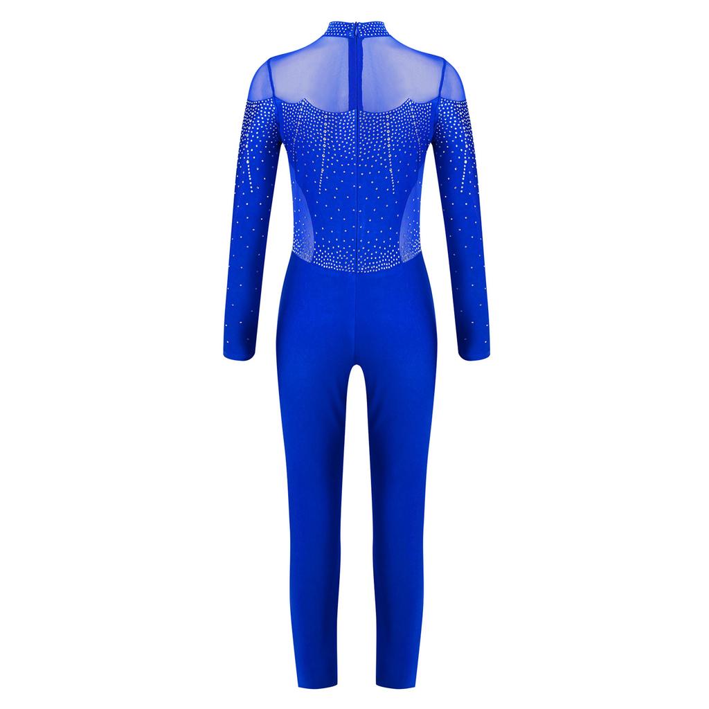 Боди для фигурного катания для девочек, блестящие стразы, комбинезон на все тело, воротник-стойка, длинный рукав, с прозрачной сетчатой вставкой