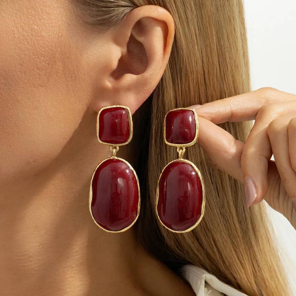 SHIXIN Vintage Red/White Resin Acrylic Oval Pendant Earrings Women Simple Geometry Drop Earrings New Year Jewelry Accessories