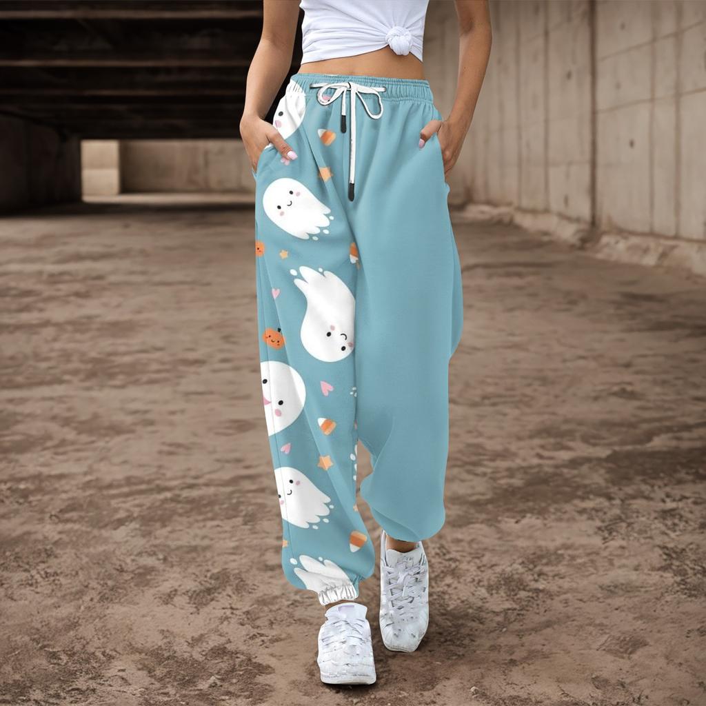 Женские повседневные брюки с принтом на Хэллоуин, эластичные брюки с завязками на талии