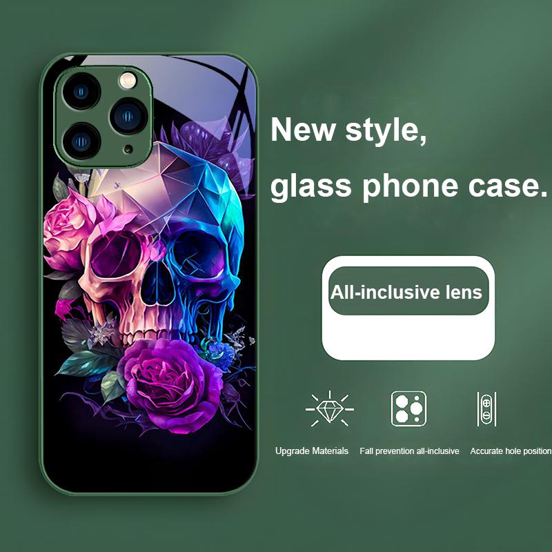 Мультяшная Роза и Череп Фиолетовый Для iPhone 15 14 13 12 Mini 11 Pro Max X XS XR 7 8 Plus 2020 22 SE Закаленное Стекло Чехол для Телефона