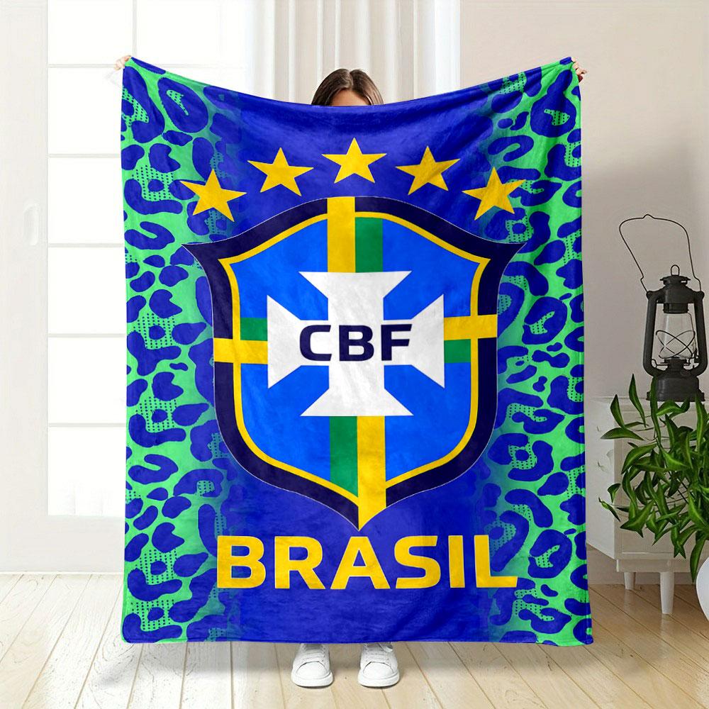 Blue and green leopard print background with a Brazil CBF emblem. for all seasons blanket lunch break throw gift