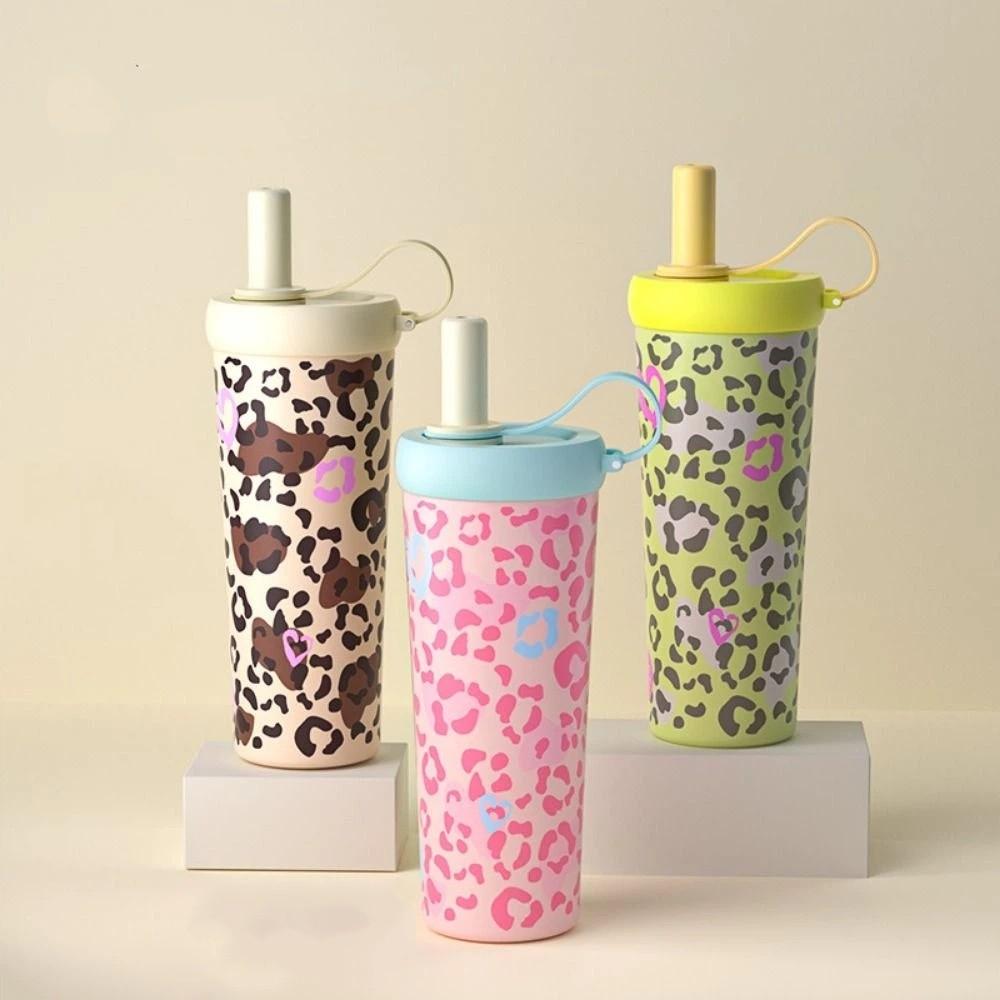 Leopard Pattern Straw Thermos Cup Stainless Steel Drinking Straw Cup Outdoor Insulated Mug Running