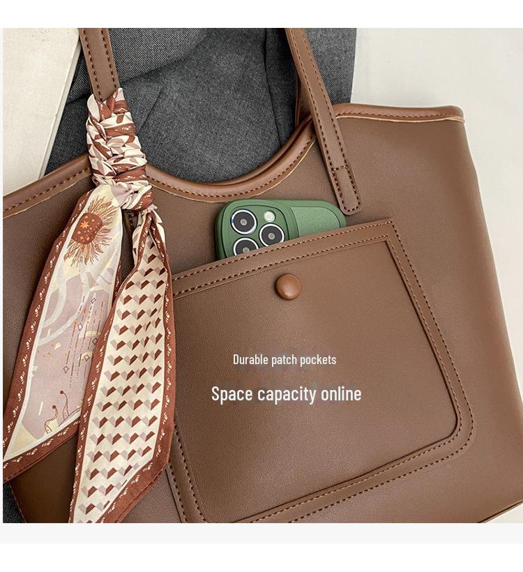 Женская сумка через плечо большой вместимости 2024 года — простая, фактурная сумка-тоут с контрастной строчкой для студентов колледжей и поездок на работу