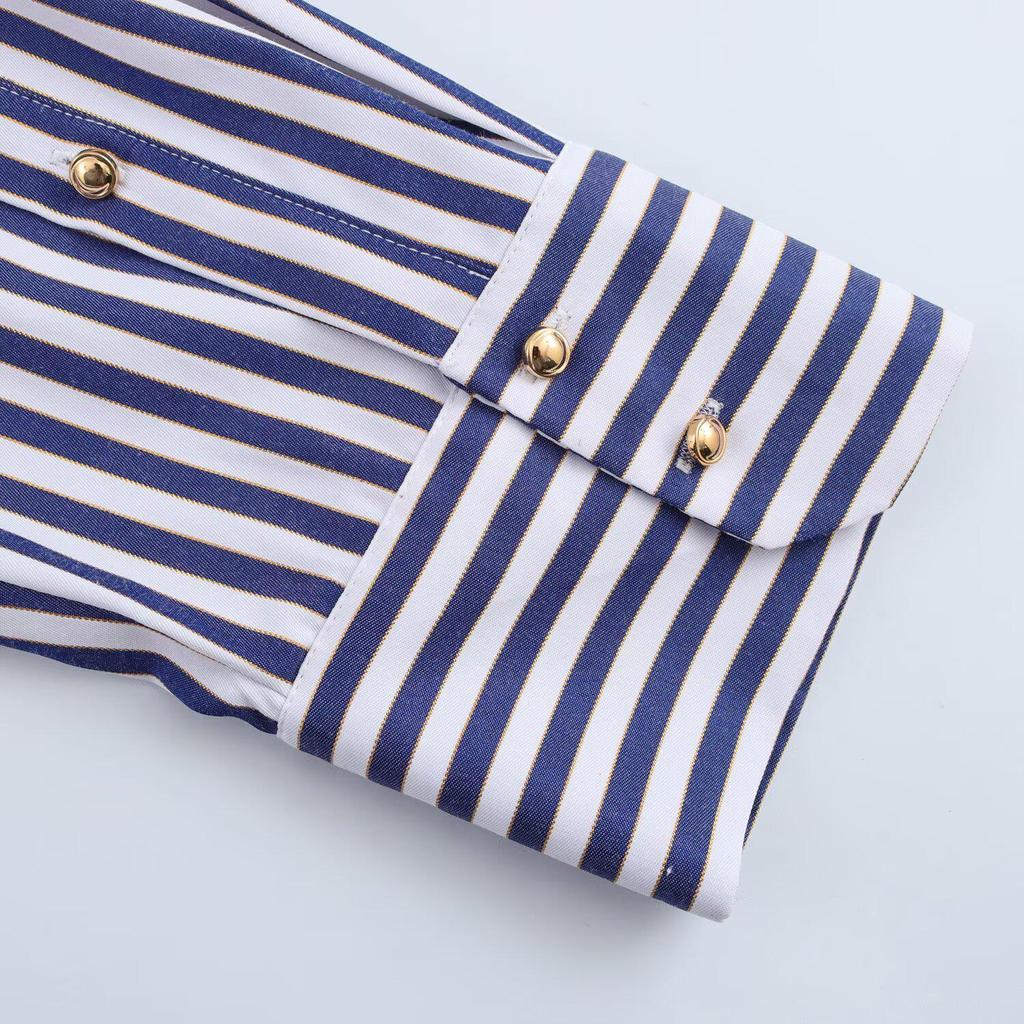 2025 Spring Women's Metallic Thread Striped Long Sleeve Shirt - Euro-American Style