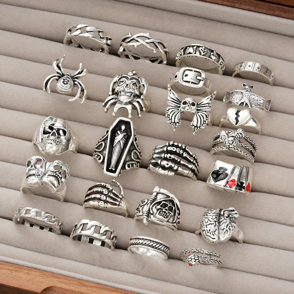 24 Pcs Gothic Skeleton Unisex Ring Set For Women Man Punk Grunge Butterfly Frog Jewelry Hip Hop Party Street Ring Accessories
