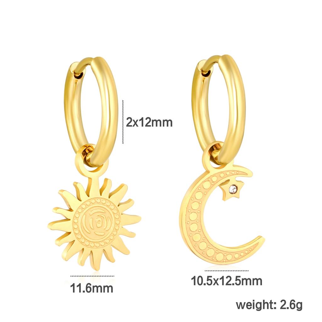 Romantic Asymmetric Stainless Steel Gold Color Sun Moon Pendant Drop Earrings for Women Shiny Zirconia Earrings Trendy Jewelry