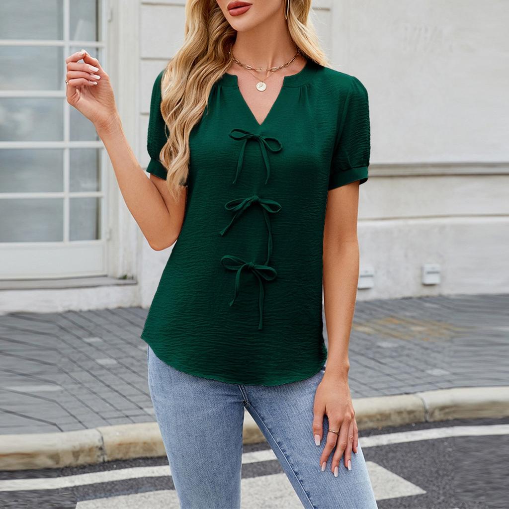 Весна и лето Новая однотонная футболка с короткими рукавами и бантом, модная футболка с V-образным вырезом для женщин