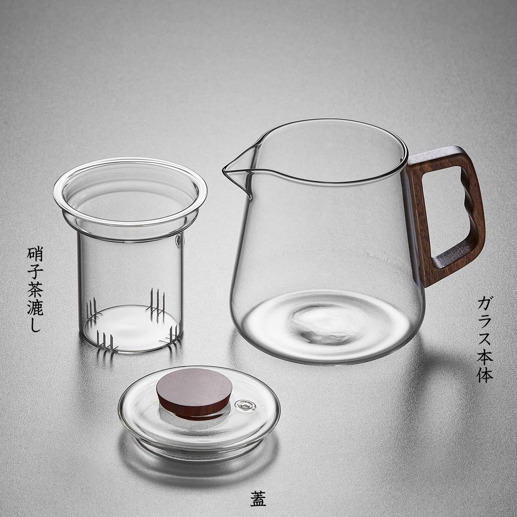 Pokaro Tea Heat-Resistant Glass Teapot, 650ml, with Lid, Wooden Handle, and Glass Tea Strainer, Stovetop-Safe, Handmade, with Black Tea Pods, Boiling