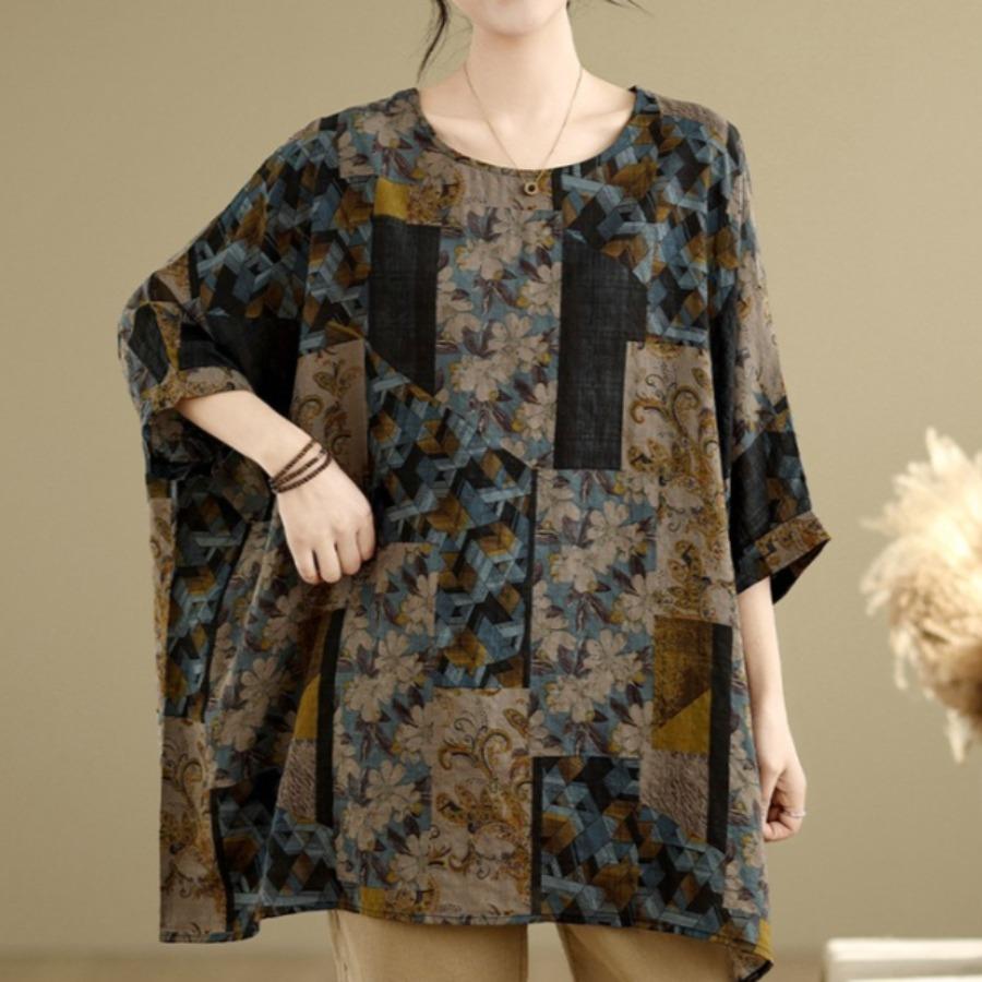 Летняя свободная футболка с круглым вырезом и рукавом три четверти