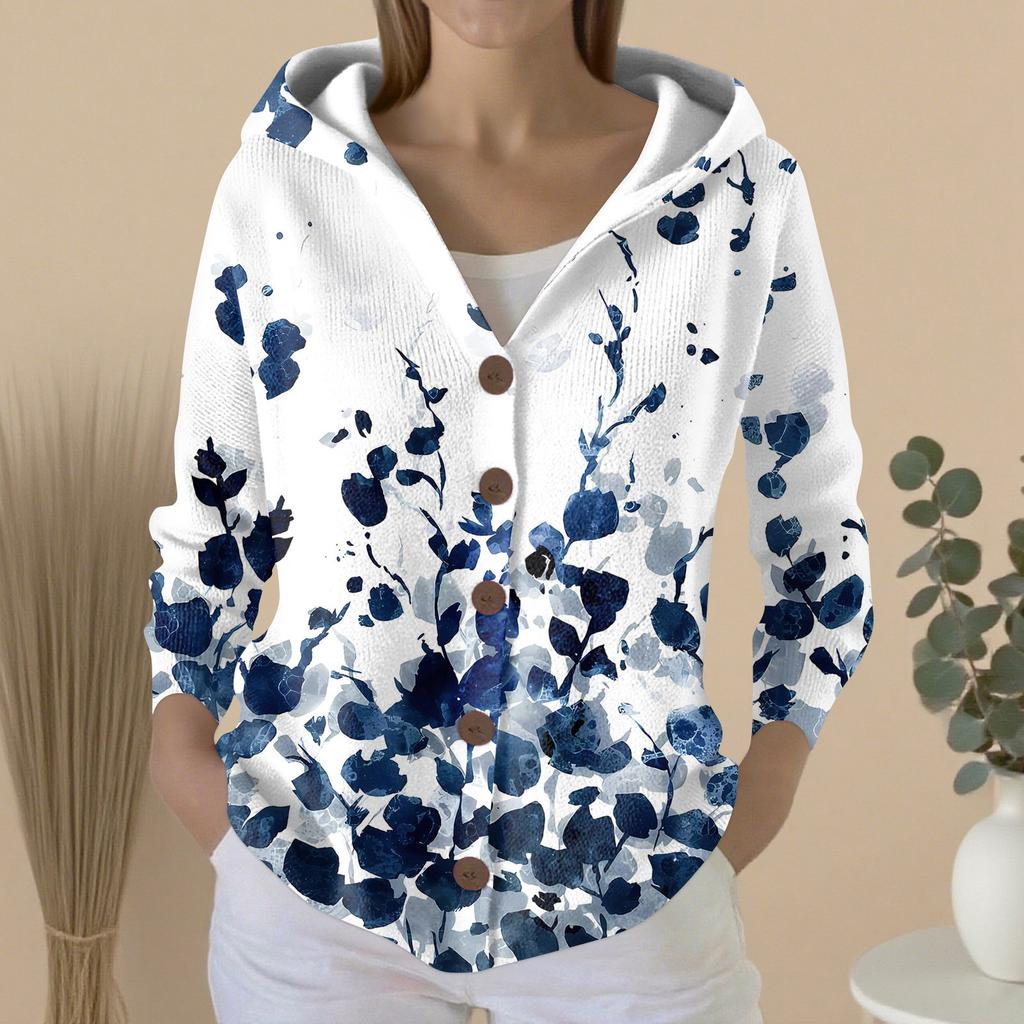 Women's Fashion Casual Sweater Button-Up Print Cardigan Hooded Jacket