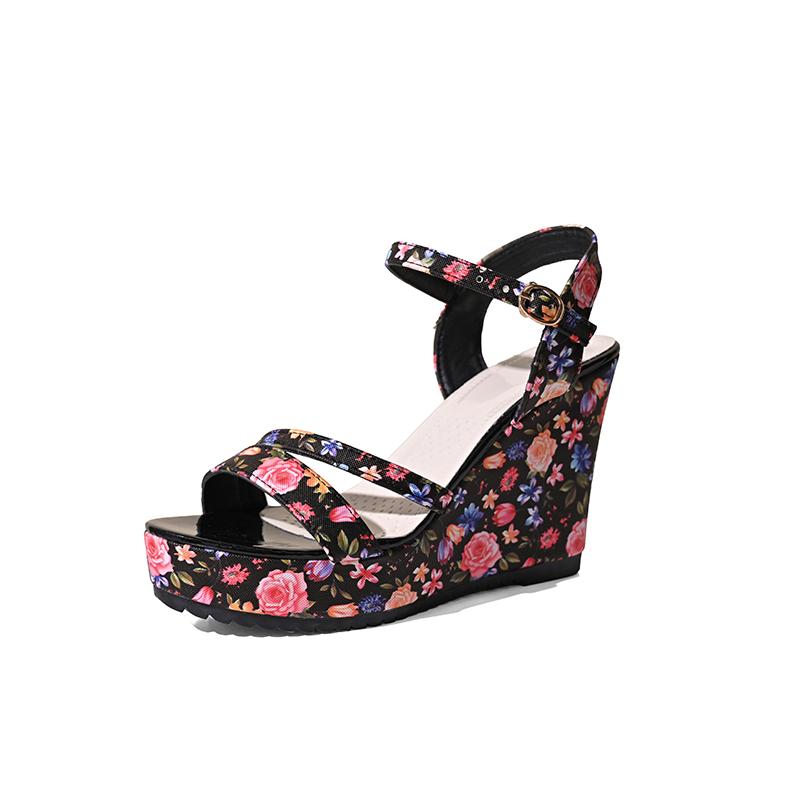 Модные летние новые сандалии на танкетке Женская мода Круглый носок Принт Открытый носок Линия с водонепроницаемой платформой Высокий каблук