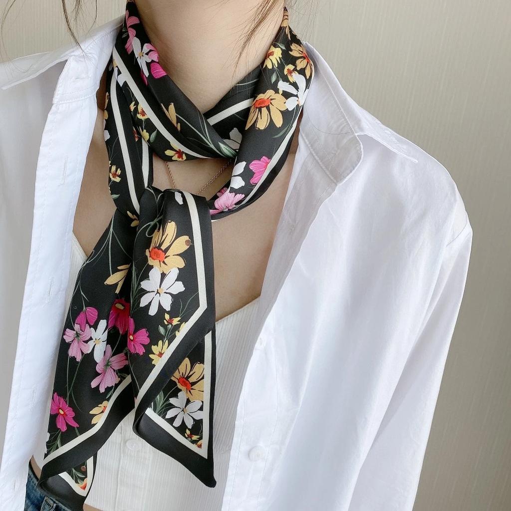 Spring/Summer Fashion Headbands For Women Flower Print Lightweight Scarf Streamer Soft Satin Neckerchief Elegant Hair Scarf