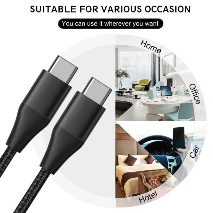Lot de 2 Câble USB-C vers USB-C Rapide 3A pour Xiaomi 15 14 12-12T Pro 13 Ultra 11i 11T Lite Mi 11 Pro -Nylon Renforcé 1M Noir