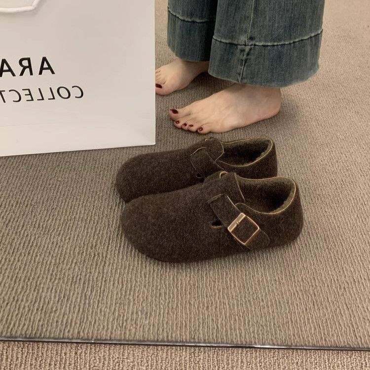 Ретро круглый носок фетровый флис Birkenstocks женские флисовые осенне-зимние на одной педали термохлопковые женские туфли шерстяные лоферы