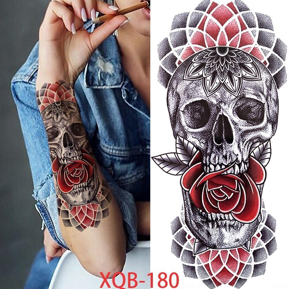 1 PC 210*114MM Cat Geometry Black Temporary Tattoos For Men Women Black Forest Skull Tiger Wolf Tattoo Sticker Evil Devil Arm Tattoo