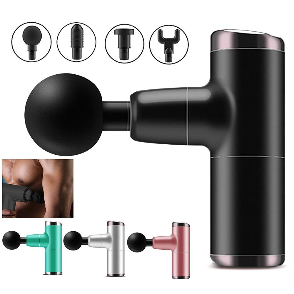 Мини фасциальный пистолет для глубокотканного вибрационного массажа, устройство для облегчения боли, 4 сменные массажные головки, USB-массажер для тела