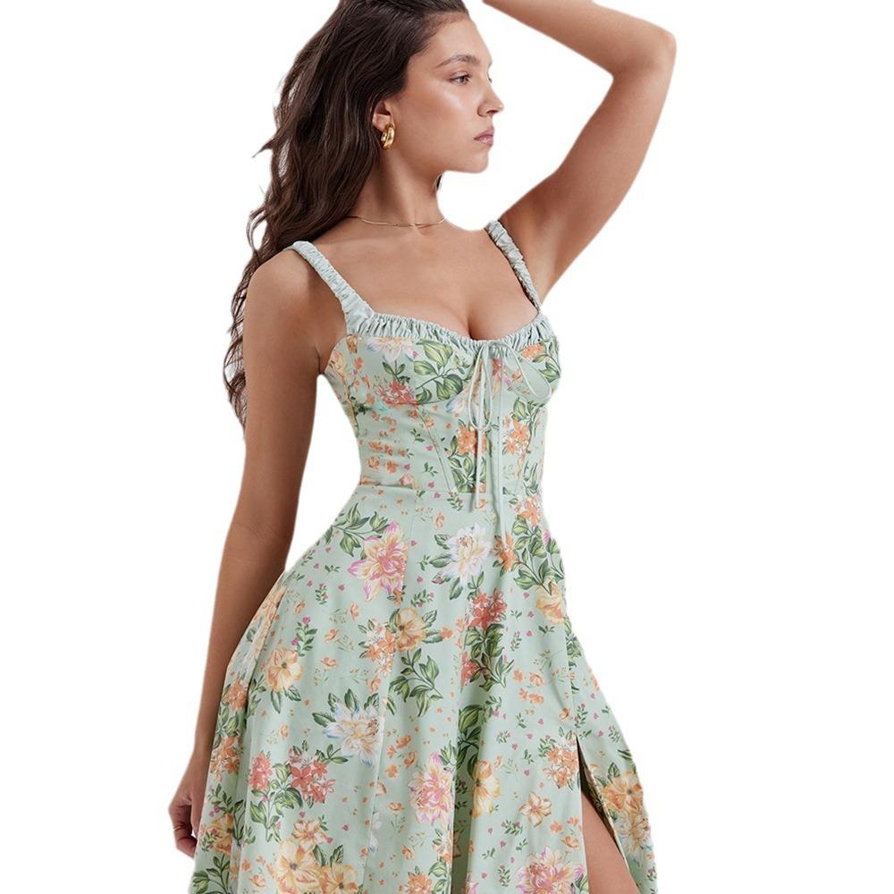 Женское платье длиной до щиколотки с открытой спиной и принтом на тонких бретельках с v-образным вырезом и высокой талией