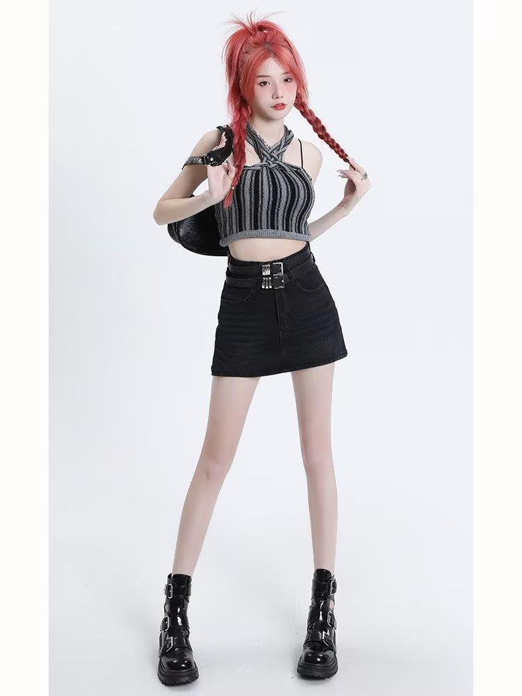 2024 Ретро корейский стиль юбка-трапеция с заниженной талией джинсовая юбка для женщин